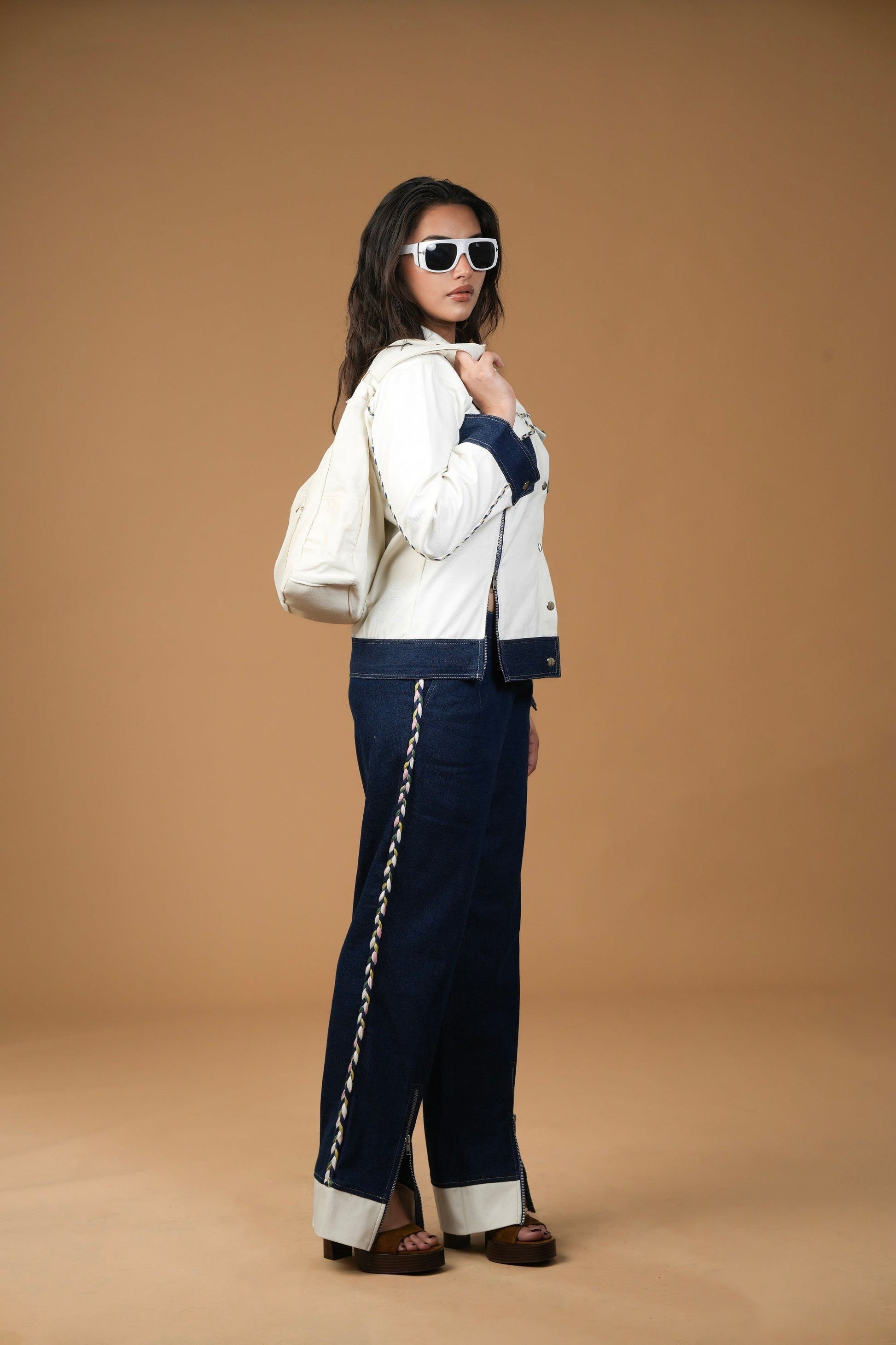 WHITE AND BLUE ZIPPER BLAZER Label By Mohita