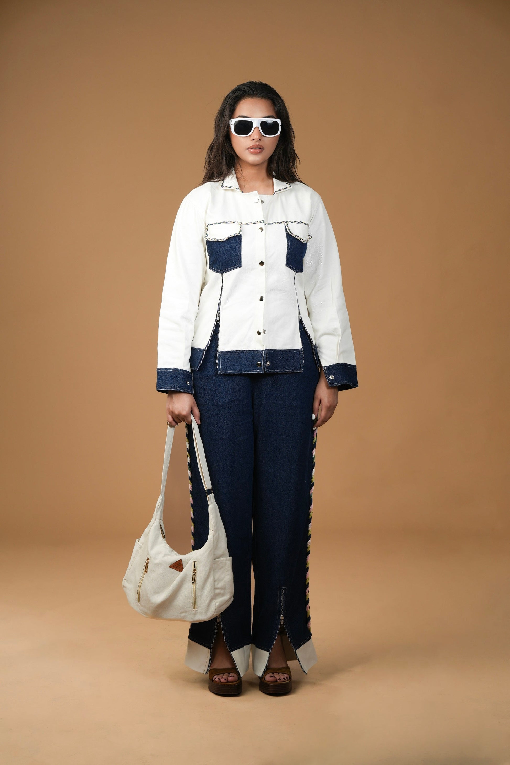 WHITE AND BLUE ZIPPER BLAZER Label By Mohita