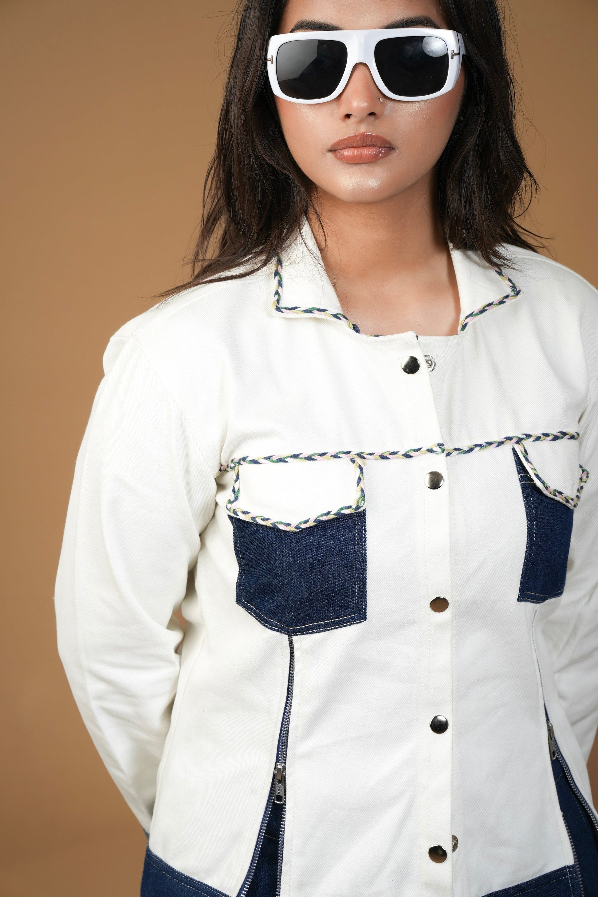 WHITE AND BLUE ZIPPER BLAZER Label By Mohita