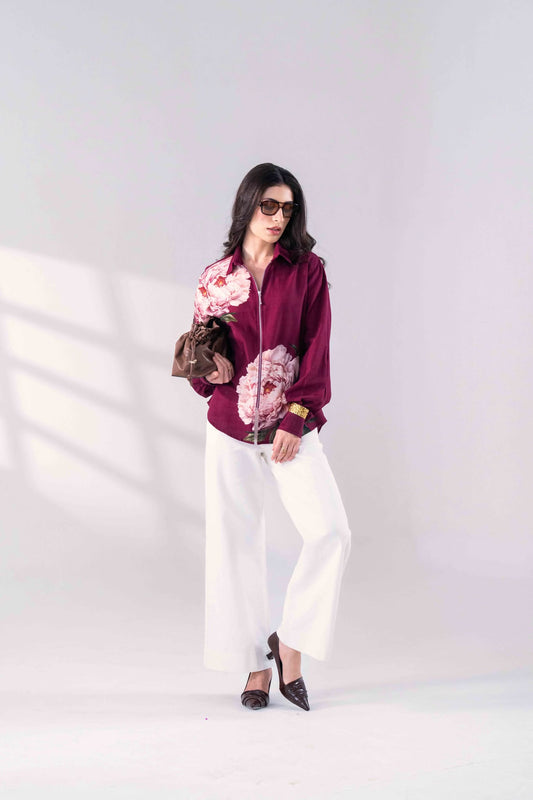 WINE FLORAL ZIP SHIRT Label By Mohita