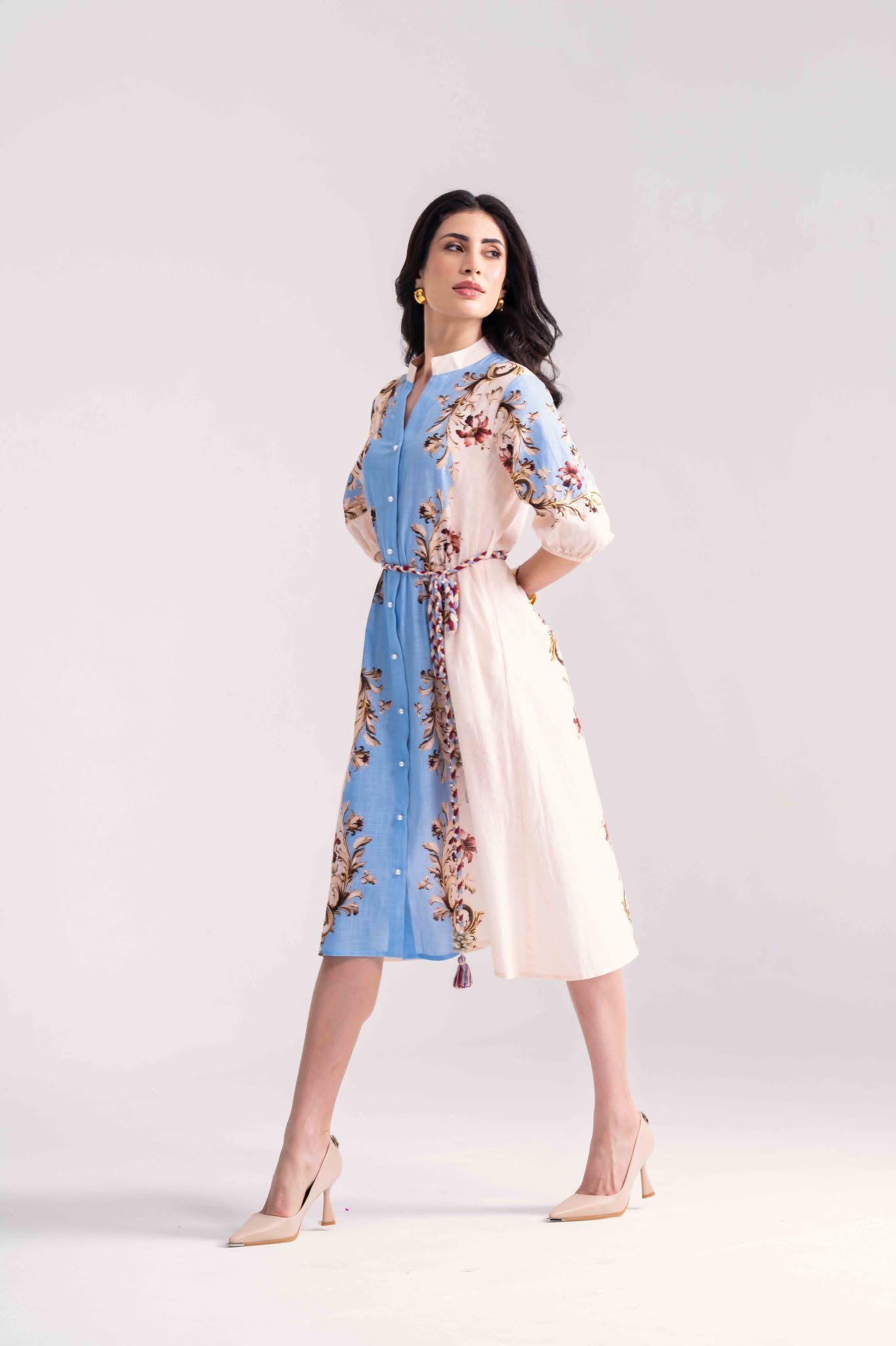 Soft Blue Cotton Linen Tie-Detail Midi Dress | Label By Mohita