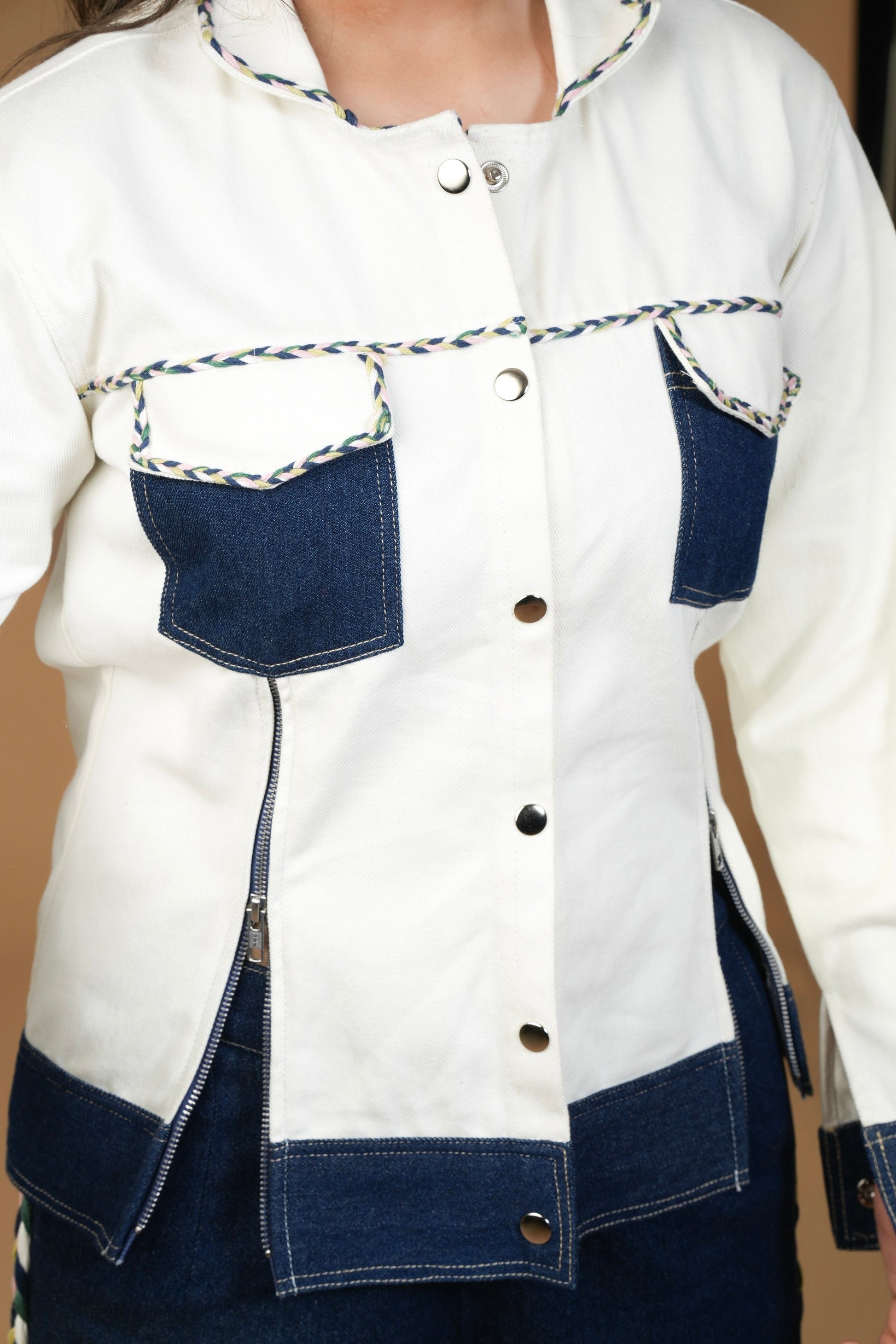 WHITE AND BLUE ZIPPER BLAZER Label By Mohita