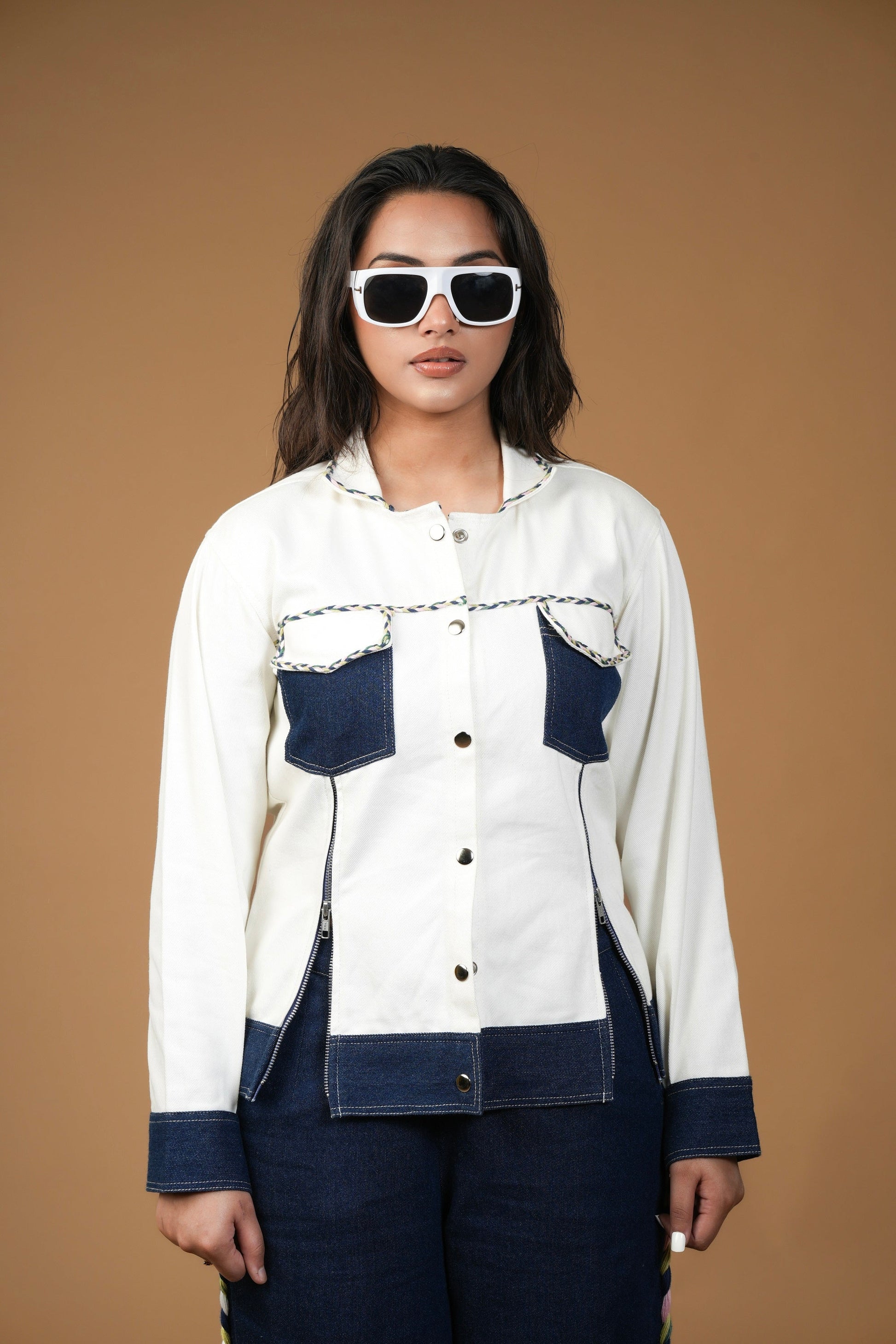 WHITE AND BLUE ZIPPER BLAZER Label By Mohita