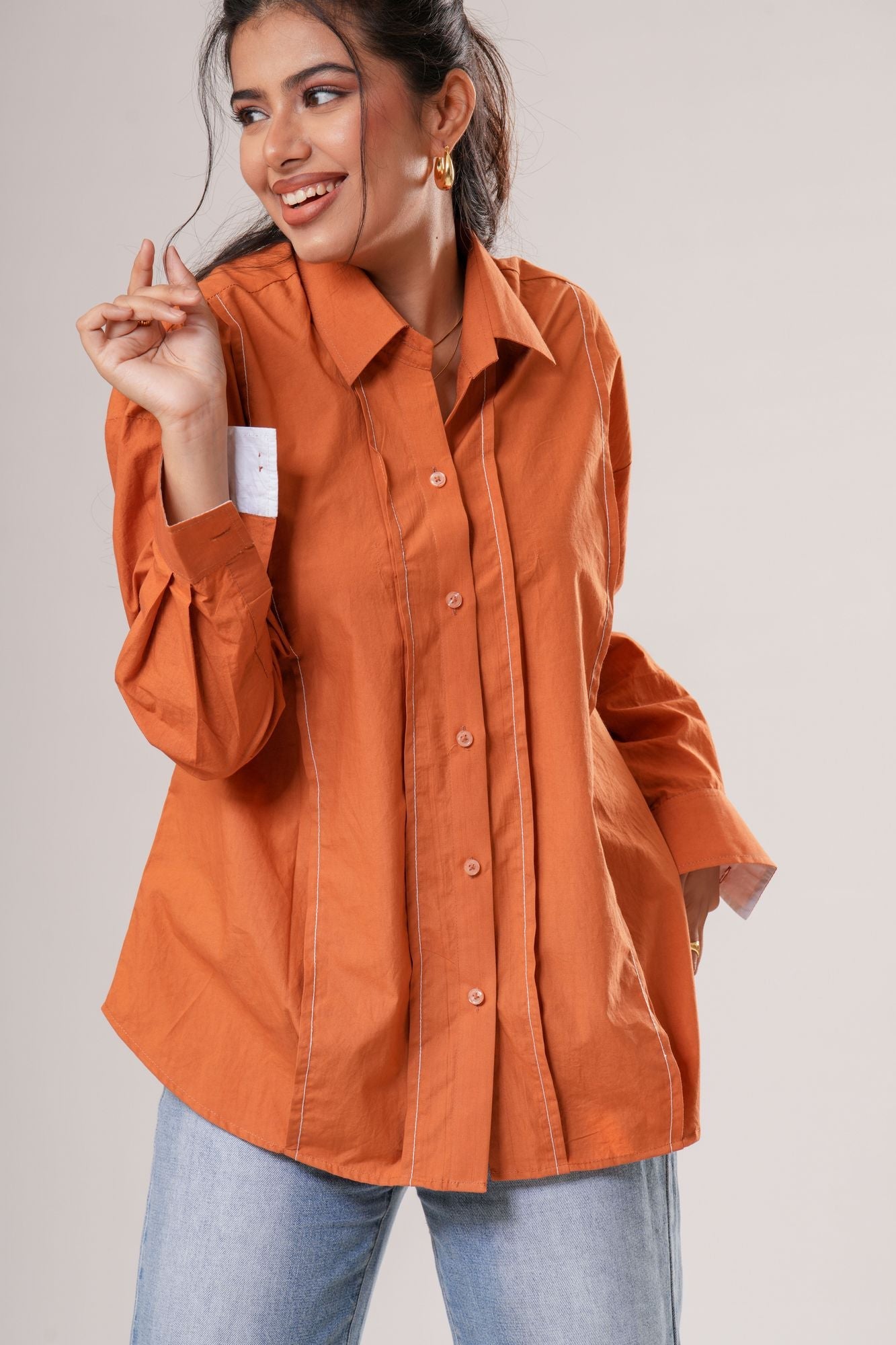 Pin-Tucked Contrast Cuff Shirt Label By Mohita