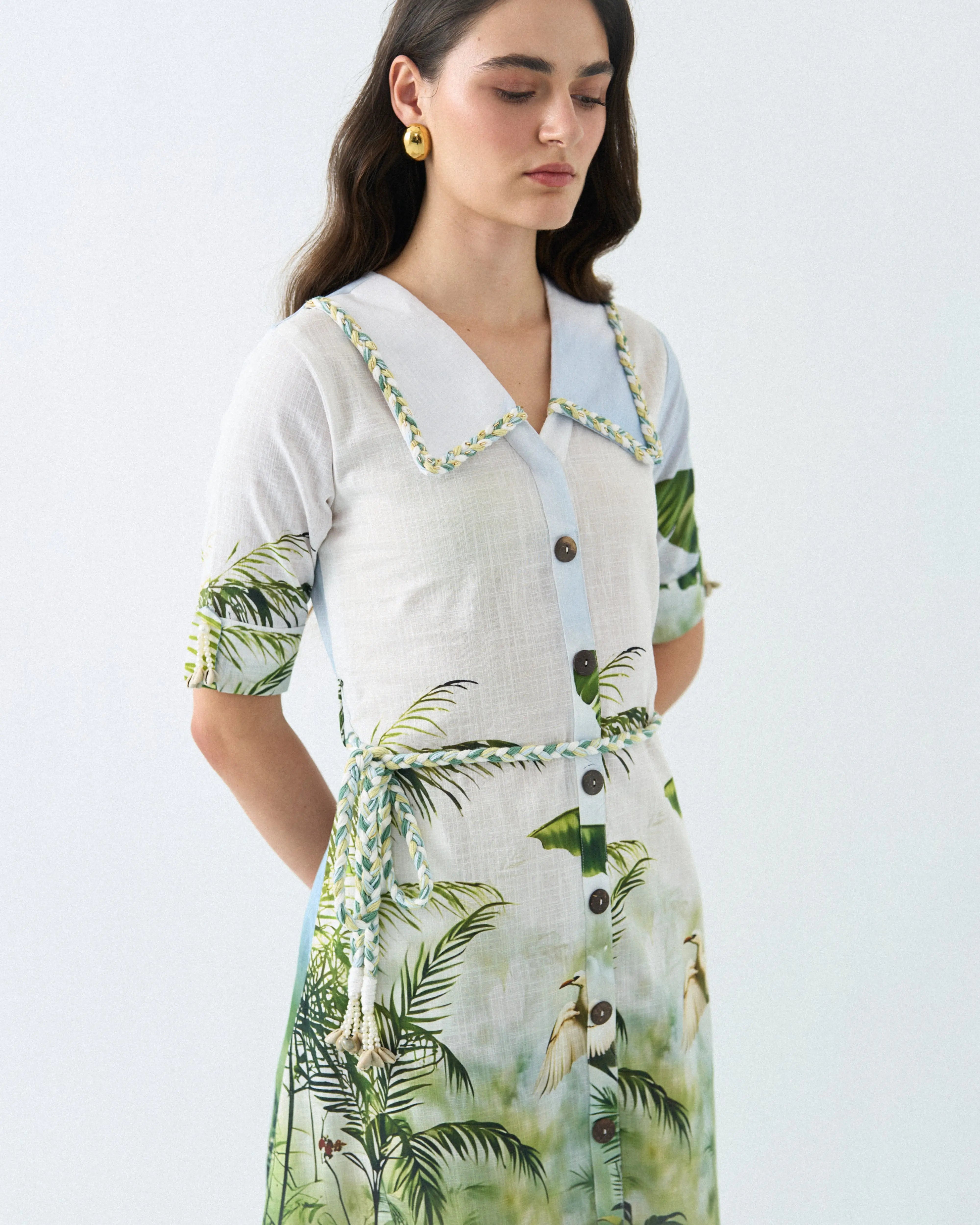 Green Safari A-Line Cotton Blend Dress