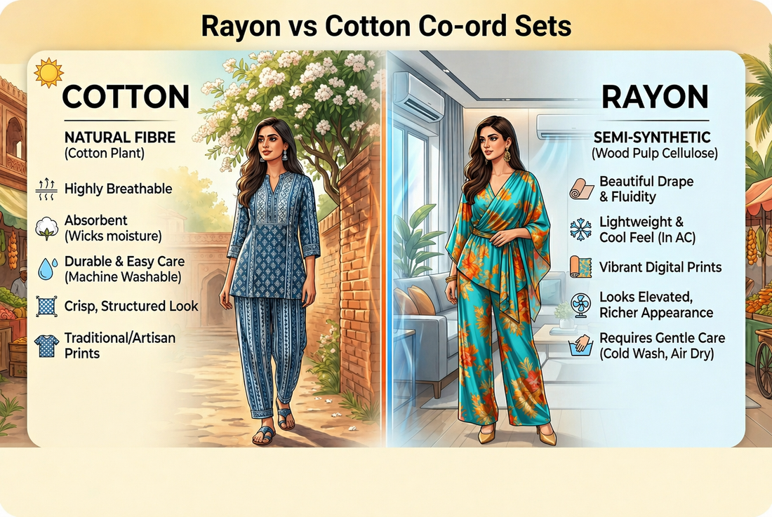 Rayon vs Cotton Co-ord Sets — Which is Better for Indian Summer? Label By Mohita