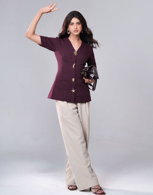 3D BUTTON V-NECK CORDSET Label By Mohita