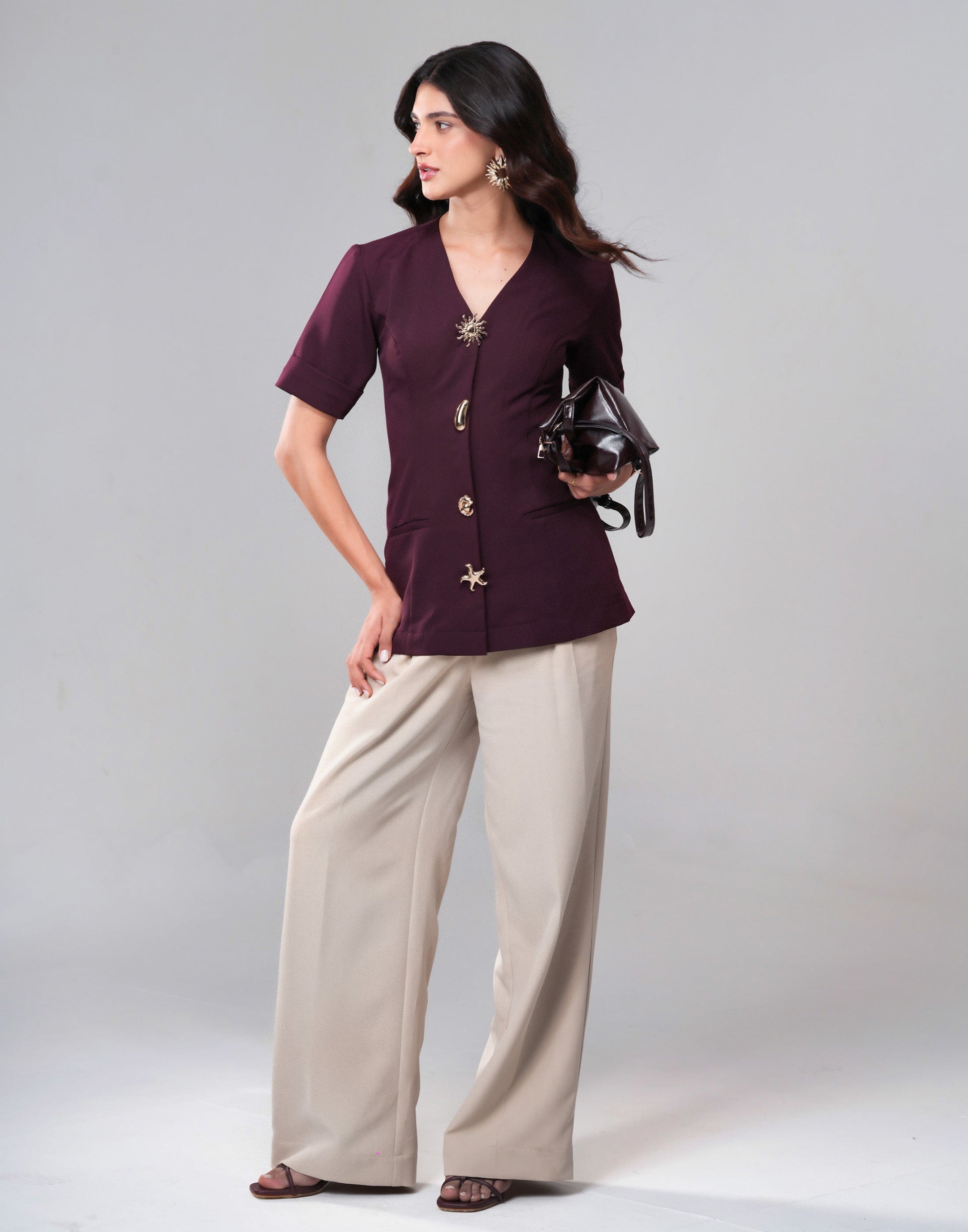 3D Button V-Neck Co-ord Set — three-quarter view with cotton linen straight-fit pants