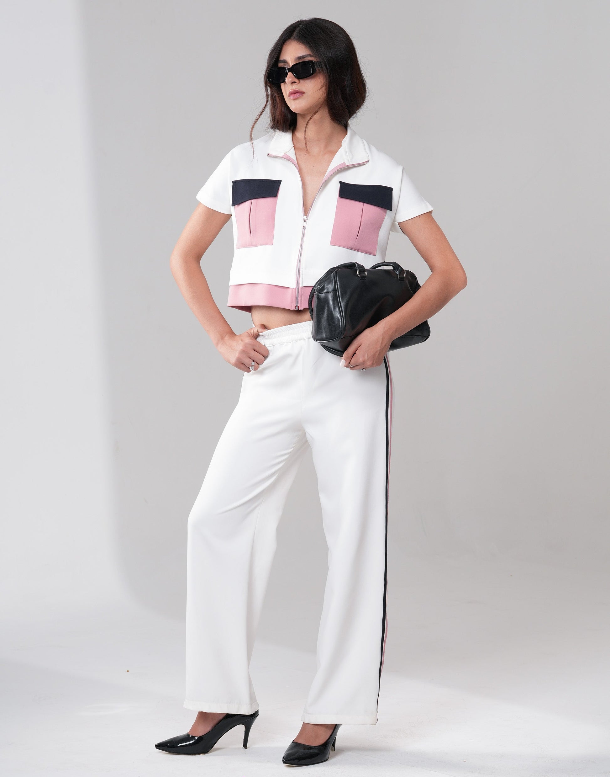 Ivory Contrast Utility Co-ord Set — close-up of contrast pocket and zipper detail