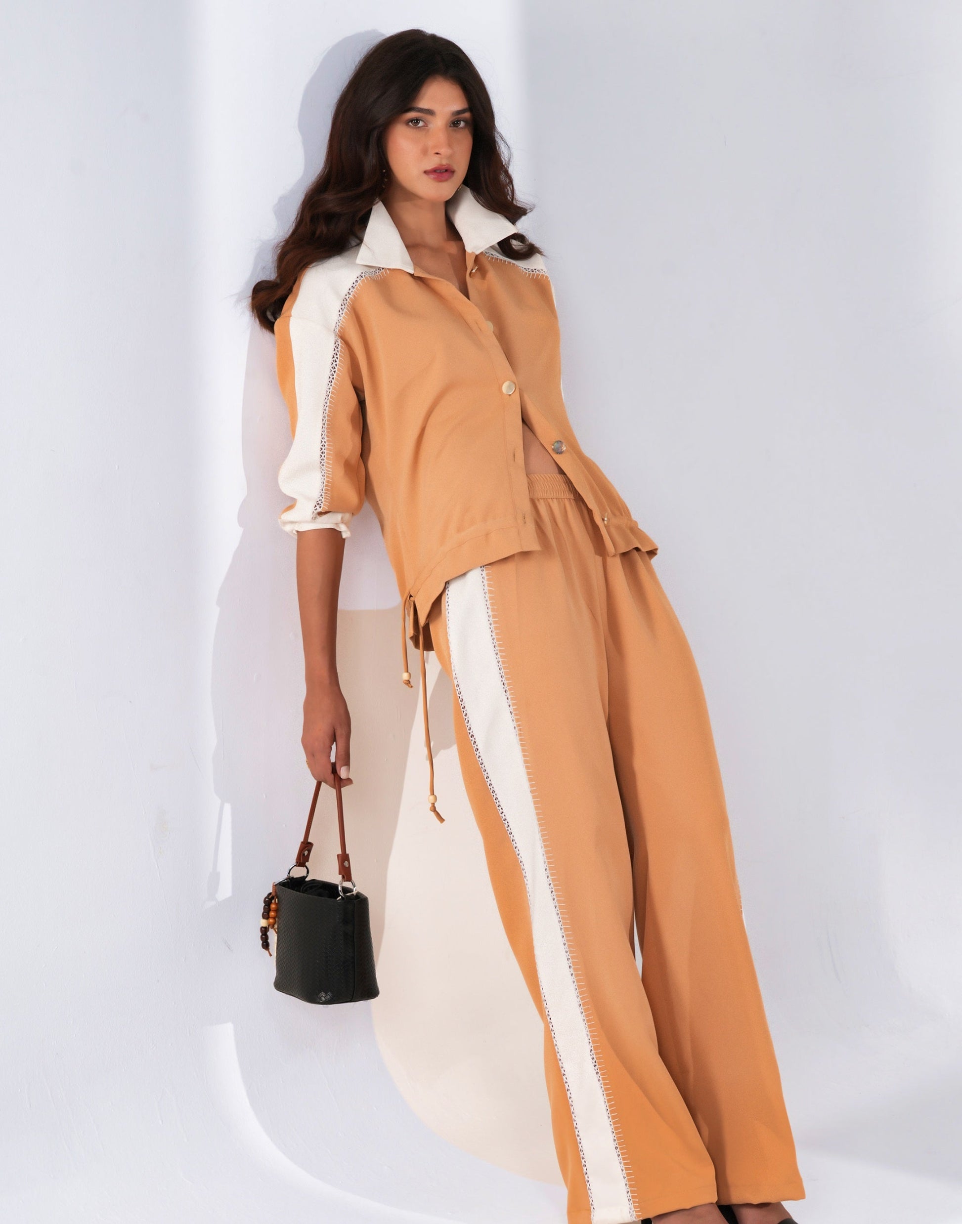 Sand Stitch Co-ord Set — front view styled with sandals for daywear