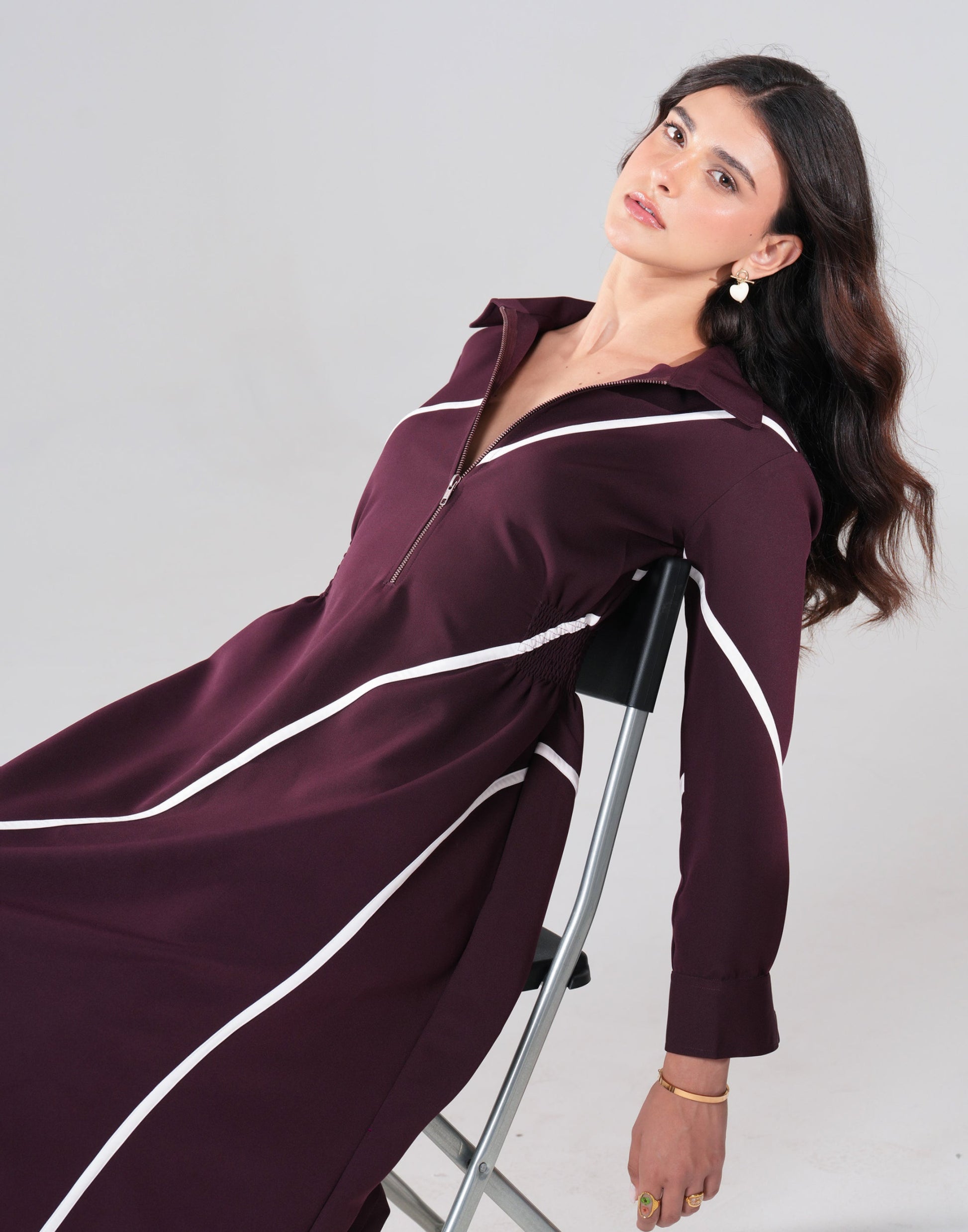 Stripe Polo A-Line Midi Dress — close-up of polo collar and half-zip opening