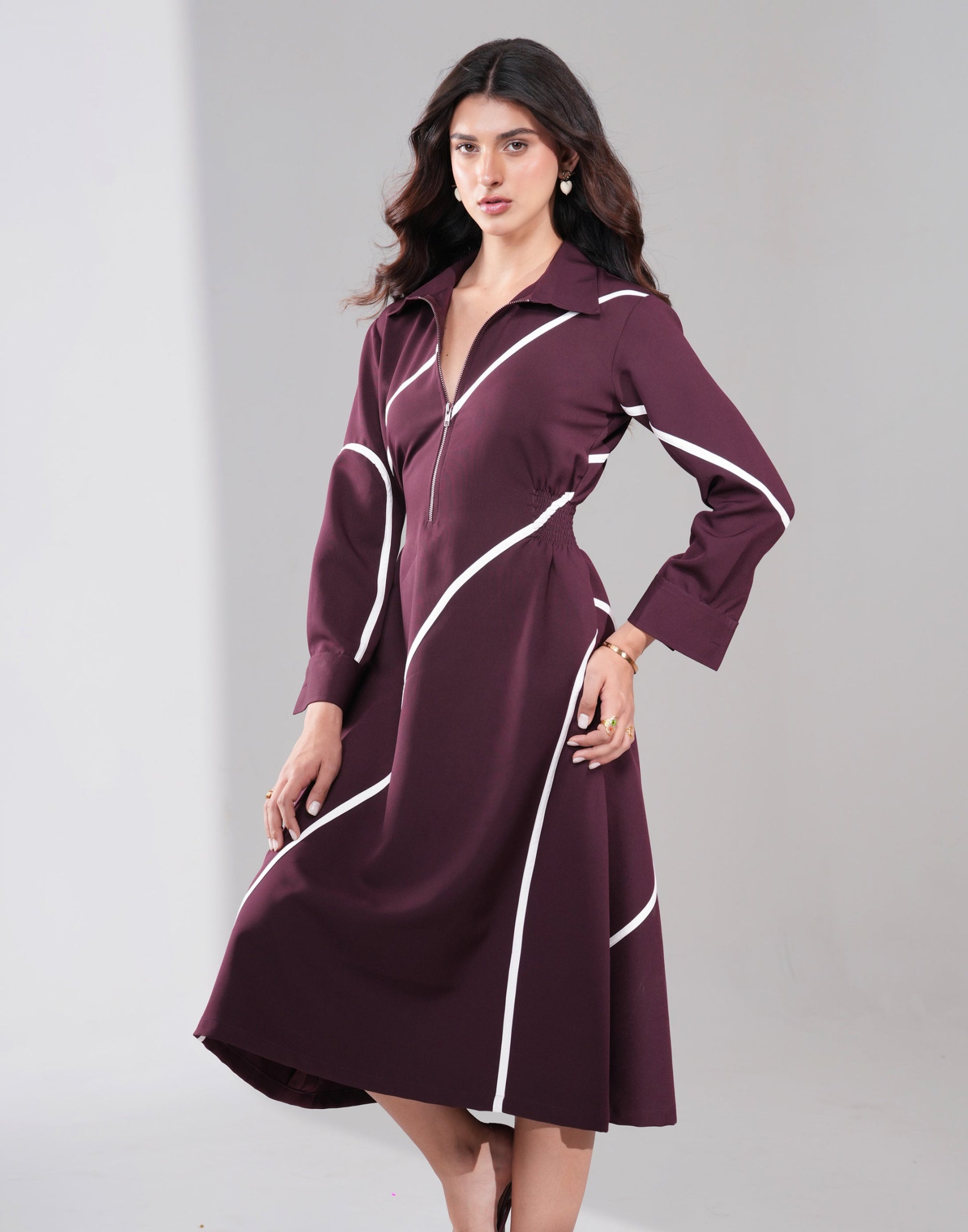 Stripe Polo A-Line Midi Dress — side view of A-line silhouette with full cuffed sleeves