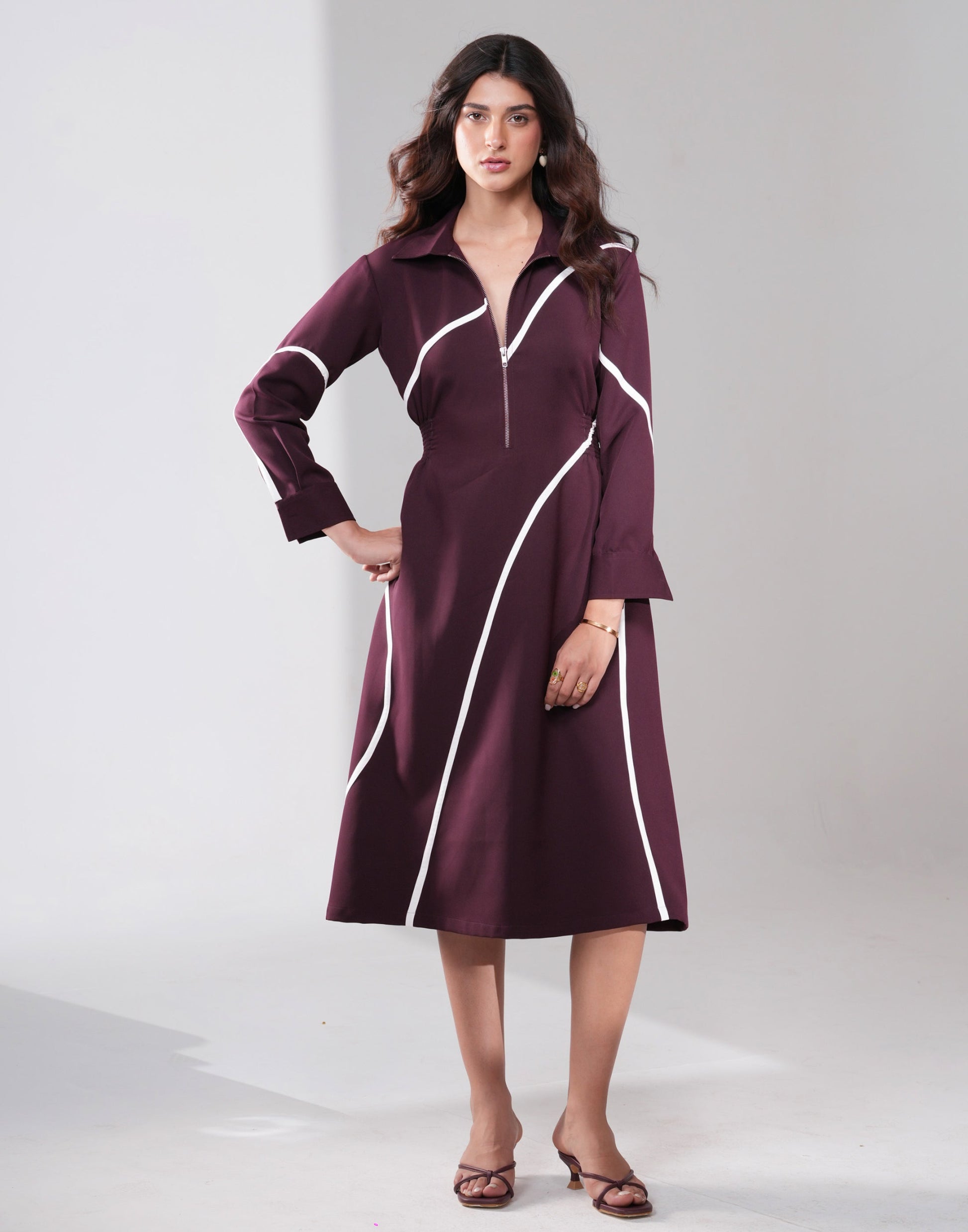 Stripe Polo A-Line Midi Dress — front view of banana crepe midi with polo half-zip neckline