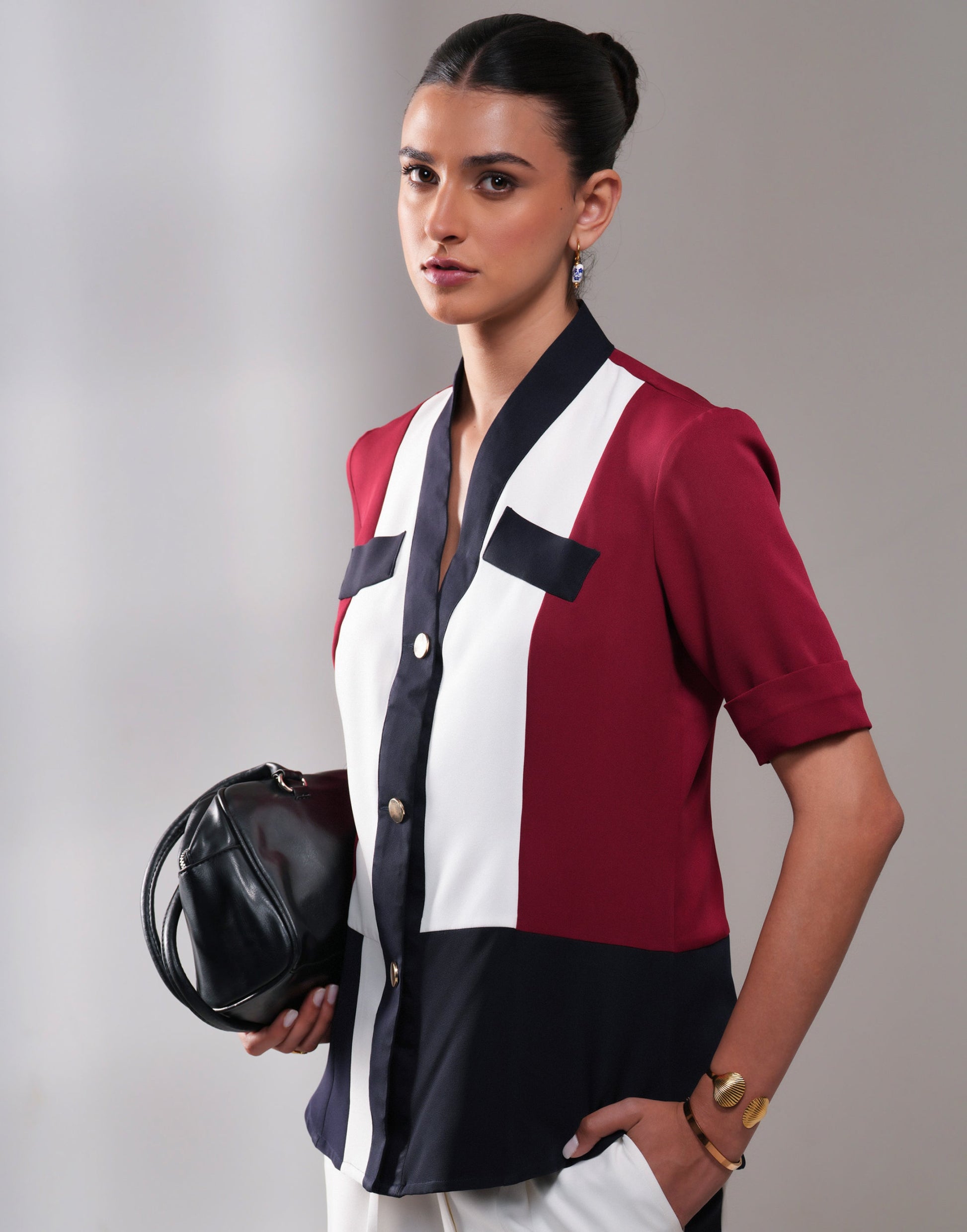 Tricolor Power Blazer Co-ord Set — styled with heels and clutch for evening wear