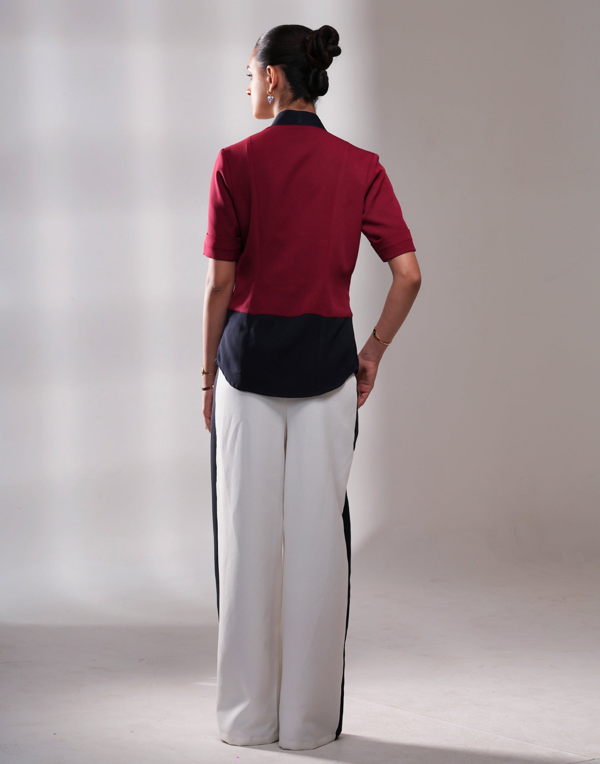 Tricolor Power Blazer Co-ord Set — close-up of the tricolor panel and V-neckline