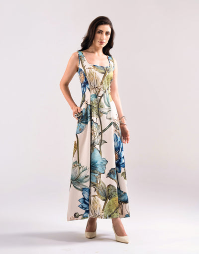 Azure Botanica Dress — jewel-toned architectural midi