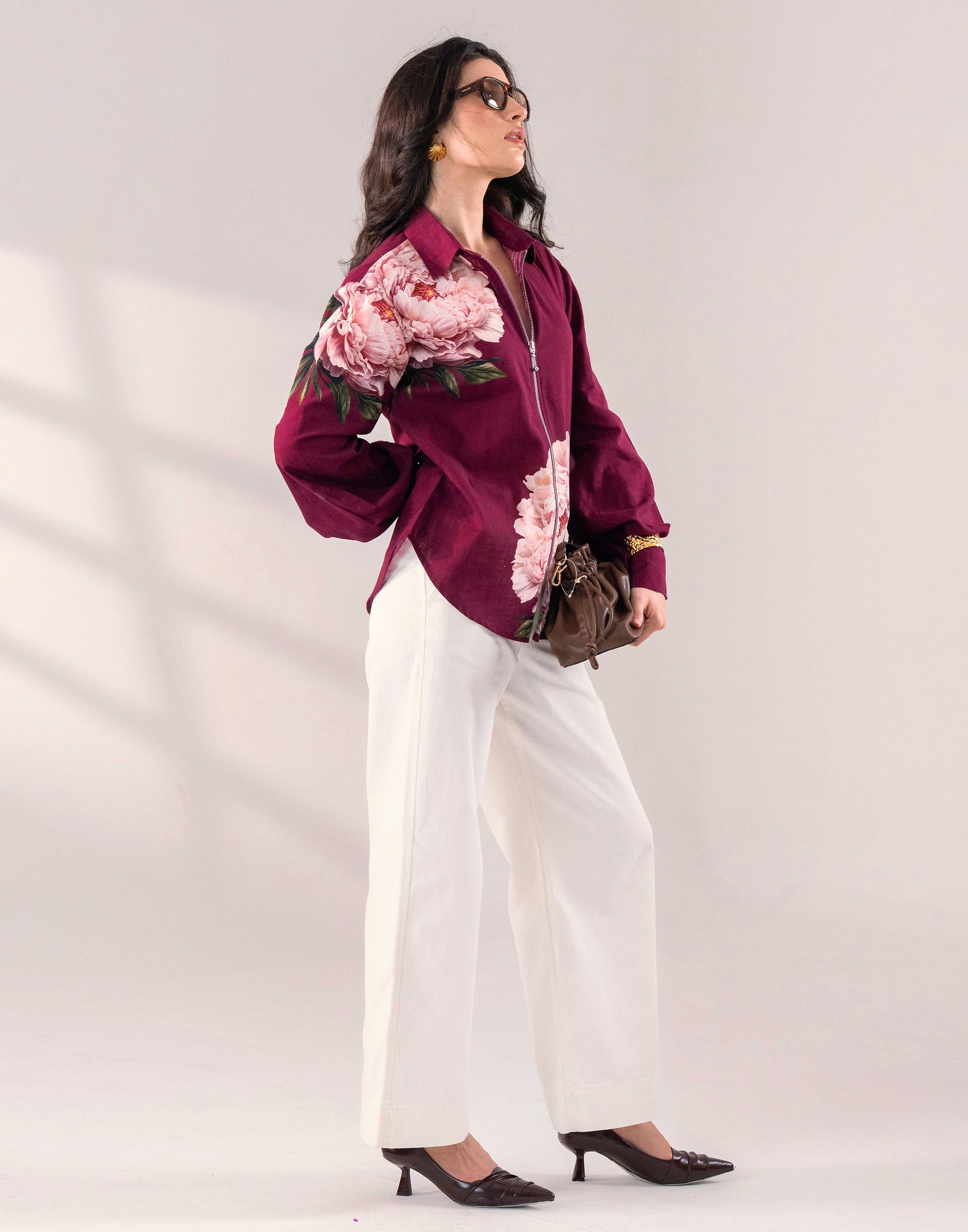 WINE FLORAL ZIP SHIRT Label By Mohita