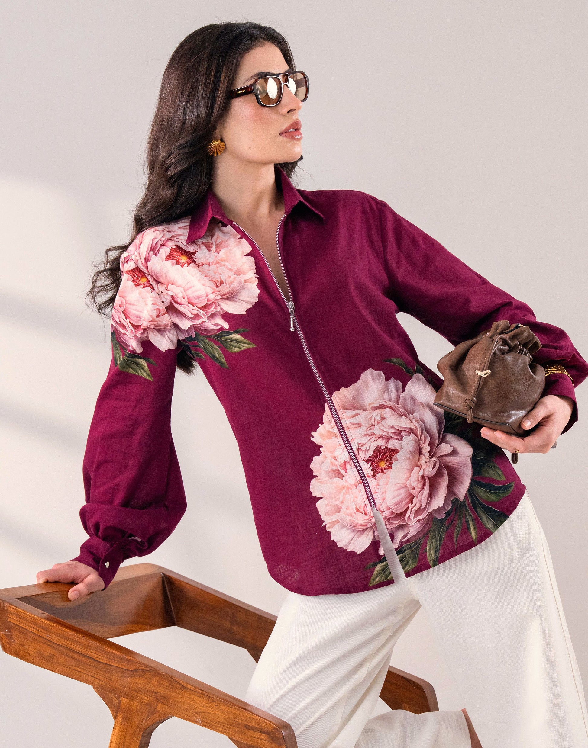 WINE FLORAL ZIP SHIRT Label By Mohita