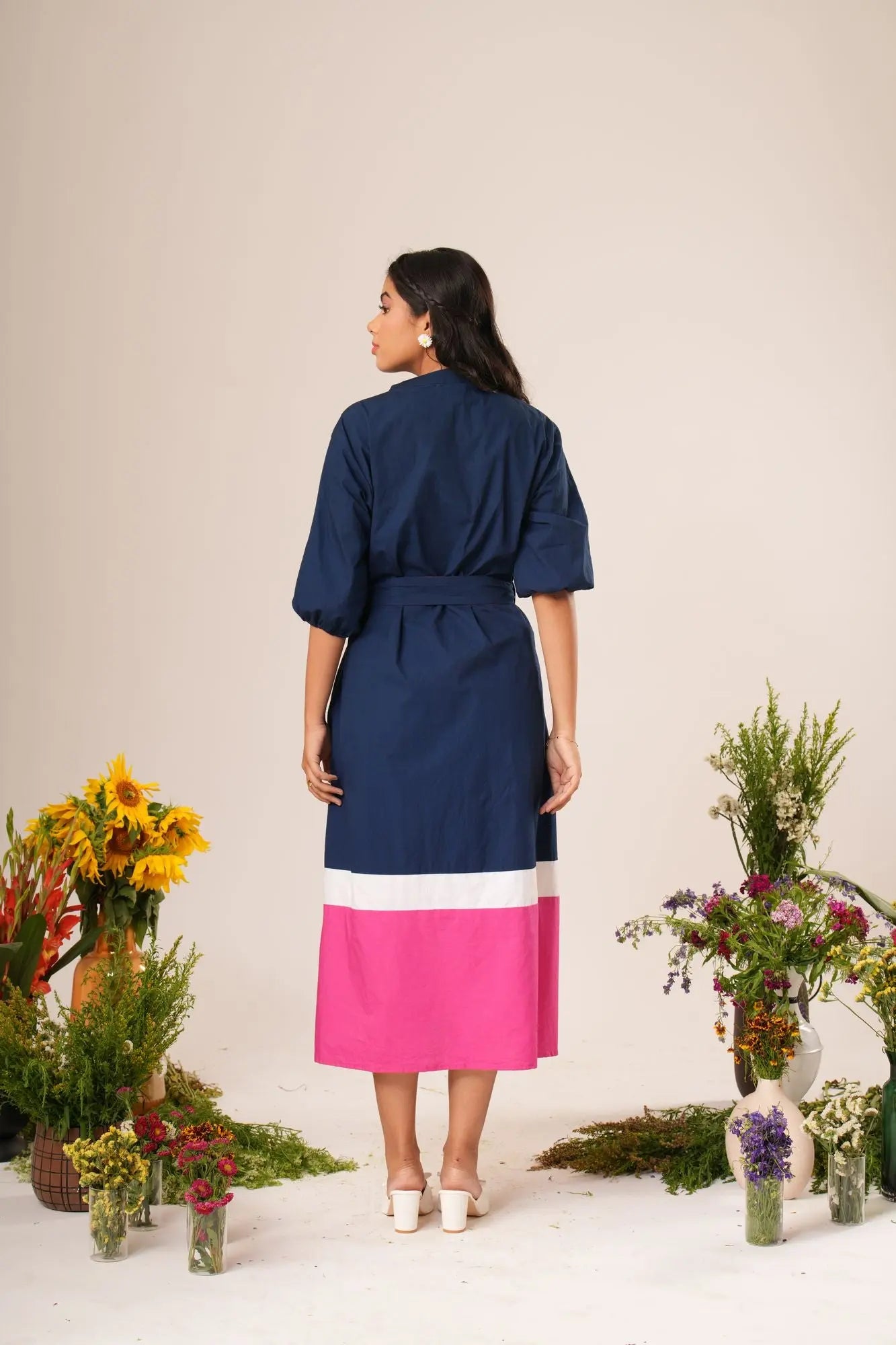 color block shirt dress Chic Color-Block Shirt Dress with Pleated Detail