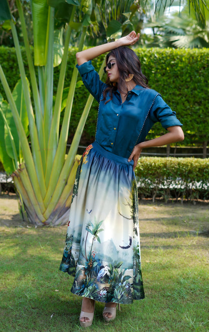 BLUE OLIVE SAFARI STORY SKIRT AND SHIRT SET