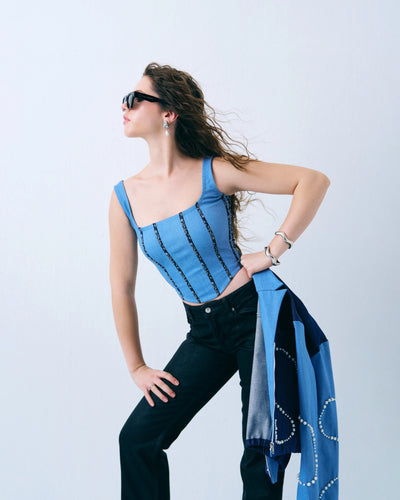 Square Neck Denim Corset — waist-defining denim top