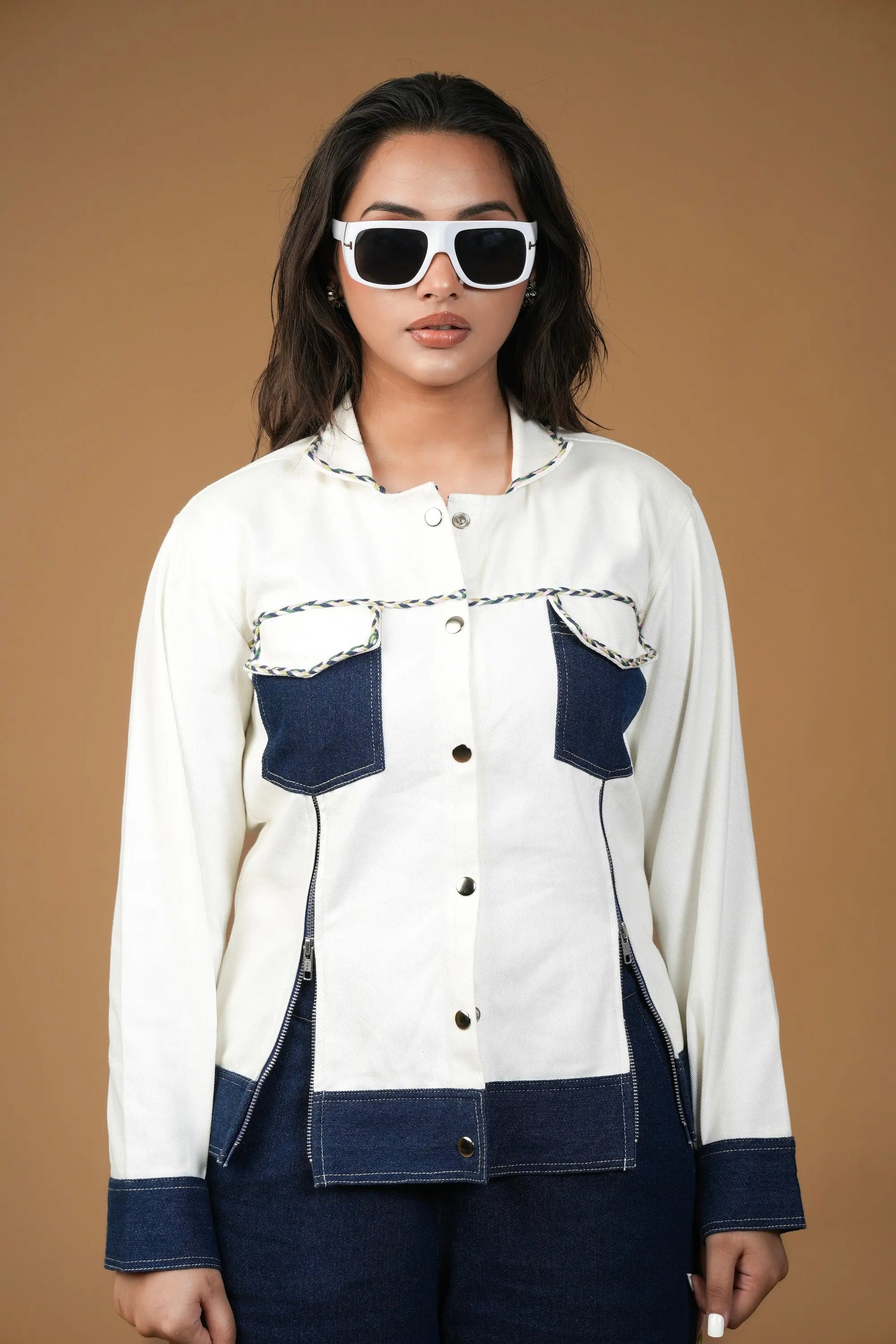 WHITE AND BLUE ZIPPER BLAZER Label By Mohita